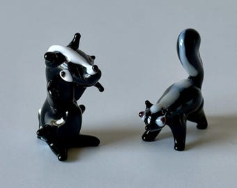 Vintage Set of 2 Mini Whimsical Hand Blown Glass SKUNK Figurines - Collectibles
