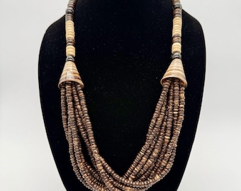 VNTG Multi 8-Strand Wood Bead Necklace w/Shell Cones Torsade Boho Phillippines