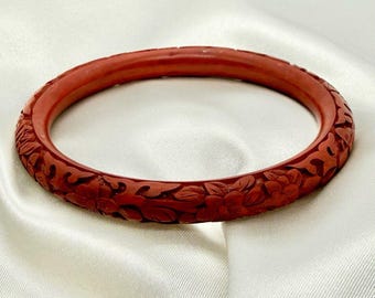 Vintage Chinese Carved Red Cinnabar Lacquer Bangle Bracelet 8 Floral Motif