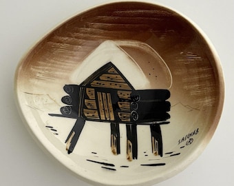 VNTG Mid-Century Sascha Brastoff Pottery Alaska Snow Covered Post Cabin Bowl