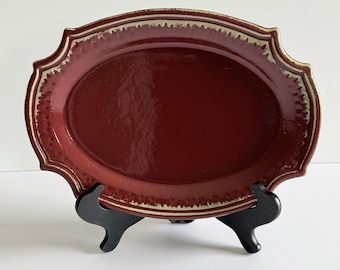 Vintage Bombay Rustic Stoneware Oval Serving Platter Tray Burgundy Green 15"x11"