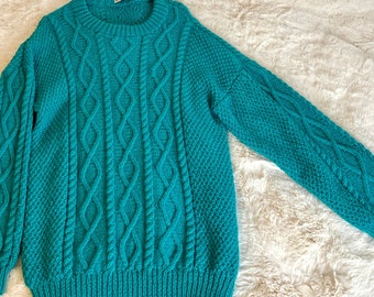 Suéter vintage de punto trenzado de talla grande // Suéter vintage verde azulado de los 90 de talla grande // Suéter de punto grueso holgado hecho a mano / Talla 16 Talla 18 Talla 20 Talla 22