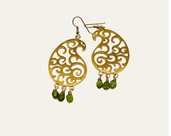 Carved 18k Gold Plated Paisley Earrings Embellished With Natural Peridot Beads