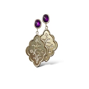 Amethyst And Carved Sterling Silver Oriental Dangle Earrings