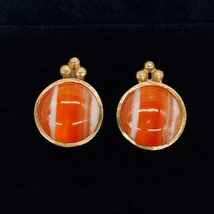 Carnelian And 14K Gold Silver Backed Large Studs