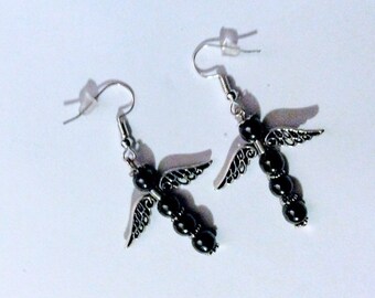 Earrings Pierced - Angel made with Hematite Round Beads and Silver Tone Wings