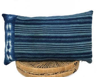 Boho Vintage African Mudcloth Indigo Lumbar Pillow Cover