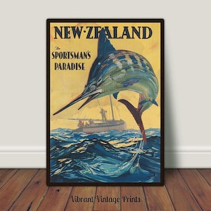 New Zealand Wall Art, Vintage Wall Art, Marlin Print, Fishing Wall Art, Big Game Fish, DIGITAL DOWNLOAD, PRINTABLE Wall Art, Large Wall Art