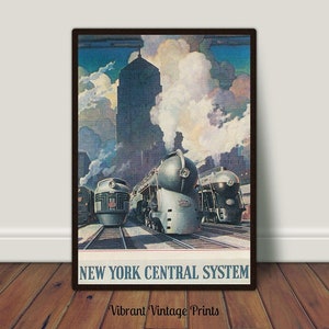May include: Vintage poster featuring a New York Central System train with three locomotives in front of a tall building and a cloudy sky. The poster reads "New York Central System".