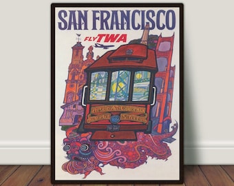 San Francisco Cable Car Vintage Art Print, California Travel Poster (Digital Download)