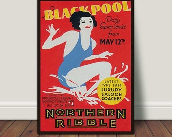 Arte murale di Blackpool, arte murale sulla spiaggia, arte murale vintage, arte di viaggio in Inghilterra, decorazioni murali retrò, colorate, DOWNLOAD DIGITALE, arte murale STAMPABILE