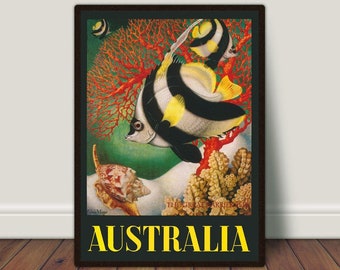Arte della parete australiana, stampa della Grande Barriera Corallina, arte dei pesci tropicali, arte della parete vintage, decorazione della parete retrò, DOWNLOAD digitale, arte della parete STAMPABILE
