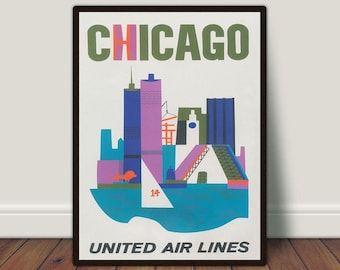 Chicago Vintage Travel Poster, Retro Wall Art (Digital Download)