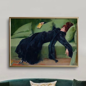 Decadente jonge vrouw | Vrouwenportret | Vintage kunst aan de muur | Smaragdgroene kunst | Na de dans | Humeurig wanddecor | AFDRUKBARE kunst #214