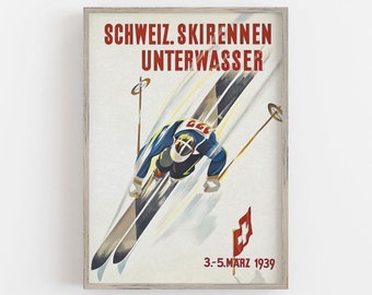 Puede incluir: Póster vintage que muestra a un esquiador con un traje azul y blanco, esquiando cuesta abajo. El póster tiene el texto "SCHWEIZ. SKIRENENN UNTERWASSER" en rojo, con la fecha "3.-5. März 1939" y una bandera suiza. El póster está enmarcado.
