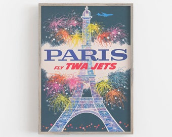 Eiffel Tower Art, Paris France Print, Travel Wall Art, Fireworks Print, Retro Wall Decor, DIGITAL DOWNLOAD, PRINTABLE Wall Art, Large Art