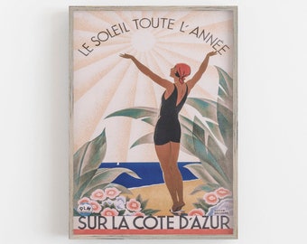 French Riviera Vintage Travel Poster: Sur La Cote D'Azur Art Deco Print (Digital Download)