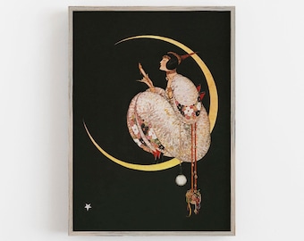 Vintage Woman and Moon Art Print: Celestial Art Nouveau Decor (Digital Download)