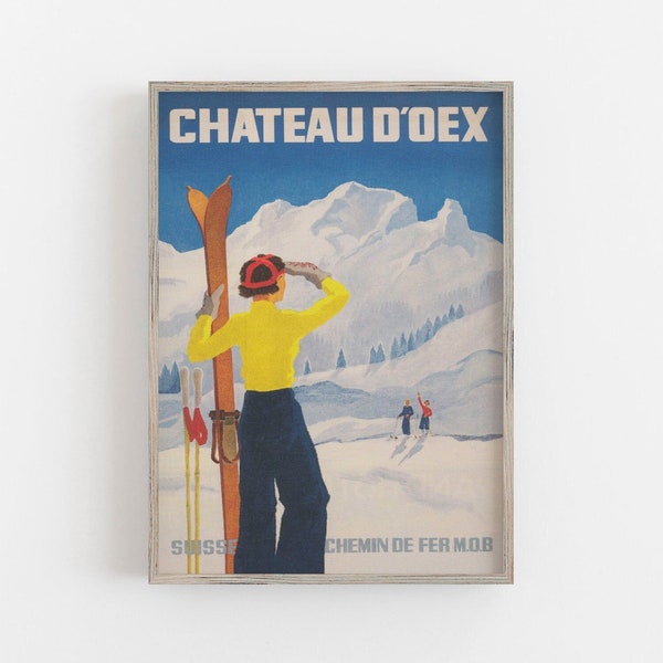 Affiche de ski vintage, Impression Suisse, Château D'oex, Art mural d'hiver, Décoration murale rétro, TÉLÉCHARGEMENT NUMÉRIQUE, Art mural IMPRIMABLE, Grand Art