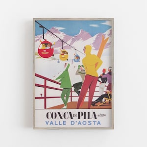Poster vintage di sci, stampa Conca di Pila Italia, arte sciistica Italia, arte murale invernale, decorazione murale retrò, sciatori, arte murale STAMPABILE DOWNLOAD digitale