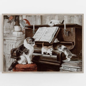Cat Wall Art | Vintage Painting | Cats on a Piano | Muted Neutral Colors | Music Wall Art | Piano Wall Art | DOWNLOAD | PRINTABLE Art #56
