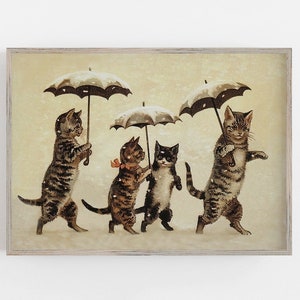 Cats with Umbrellas, Vintage Wall Art, Cat Print, Tabby Cats, Cat Family, Walking in Snow, DIGITAL DOWNLOAD, PRINTABLE Art, Large Wall Art