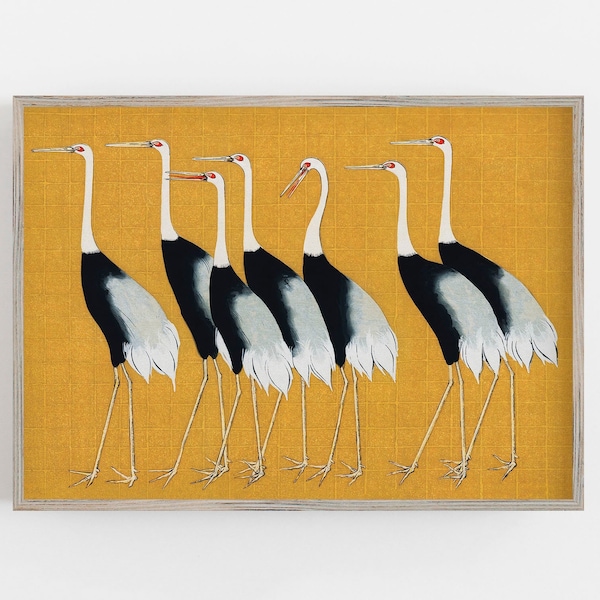 Japanese Cranes Print | Vintage Wall Art | Asian Wall Art | Birds | Mustard Yellow | Digital DOWNLOAD | PRINTABLE Art #159