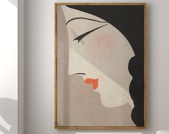 女性の肖像画、日本のウォールアート、ヴィンテージウォールアート、落ち着いたニュートラルカラー、マッチ箱のラベルアート、女性の横顔のダウンロード、印刷可能なウォールアート