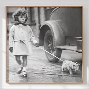 Girl Walking Cat Art Print: Vintage Black and White Photo (Digital Download)
