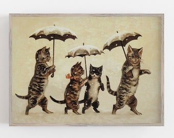 May include: A framed print featuring a vintage illustration of four cats walking in the snow under umbrellas. The cats are various colors, including brown tabby and black and white, and the umbrellas are beige. The artwork has a light beige background.