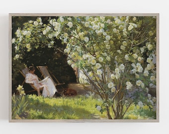 Vintage Rose Garden Print: Woman Reading, 19th Century Art (Download)