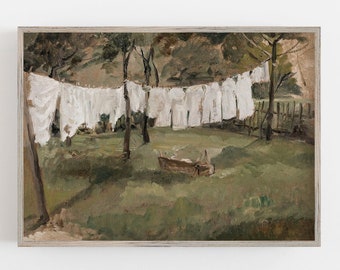 Vintage Laundry Line Art Print: Muted Neutral Landscape (Digital Download)