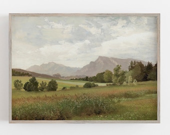 Pintura de paisaje montañoso vintage: Arte mural en tonos neutros apagados (Descarga digital)