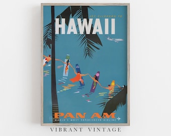 Póster de viaje vintage de Hawái: Surfistas y palmeras (descarga digital)