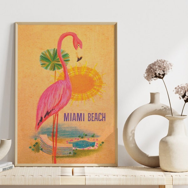Miami Beach Print, Pink Flamingo Print, Vintage Travel Poster, Flamingo Art, Retro Wall Art, DIGITAL DOWNLOAD, PRINTABLE Art, Large Wall Art