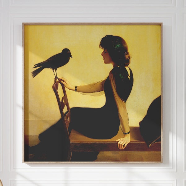 Woman and Crow  | Woman Portrait | Vintage Wall Art | Dark Moody Art | Antique Wall Decor | Digital DOWNLOAD | PRINTABLE Wall Art #347
