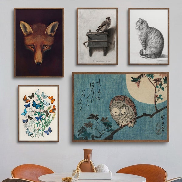 Animal Wall Art, Gallery Wall Art, Vintage Wall Art, Eclectic Print Set, Fox Wall Art, Cat Art, Bird, Butterflies, DOWNLOAD, PRINTABLE Art