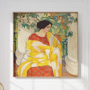 Vintage Woman with Yellow Shawl Portrait - Colorful Printable Wall Art (Digital Download)