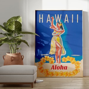 Arte de la pared de Hawái, impresión de la chica Hula, arte de la pared vintage, arte de la pared de la playa, cartel de viaje, decoración de la pared retro, DESCARGA DIGITAL, arte de la pared IMPRIMIBLE