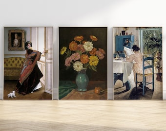 Woman Portrait, Vintage Wall Art, Vintage Flowers Art, Muted Neutral, Woman Reading, Gallery Wall Set,DIGITAL DOWNLOAD, PRINTABLE Wall Art