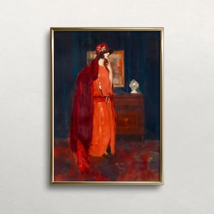 Vintage Woman Portrait Art Print: Moody Red Dress (Digital Download)