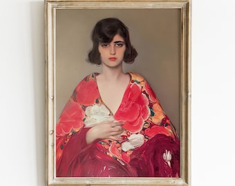 Roter Kimono Frau Portrait: Vintage Kunstdruck (Digital Download)