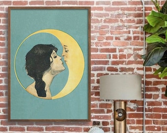 Woman Kissing Moon Print: Vintage Celestial Wall Art (Digital Download)
