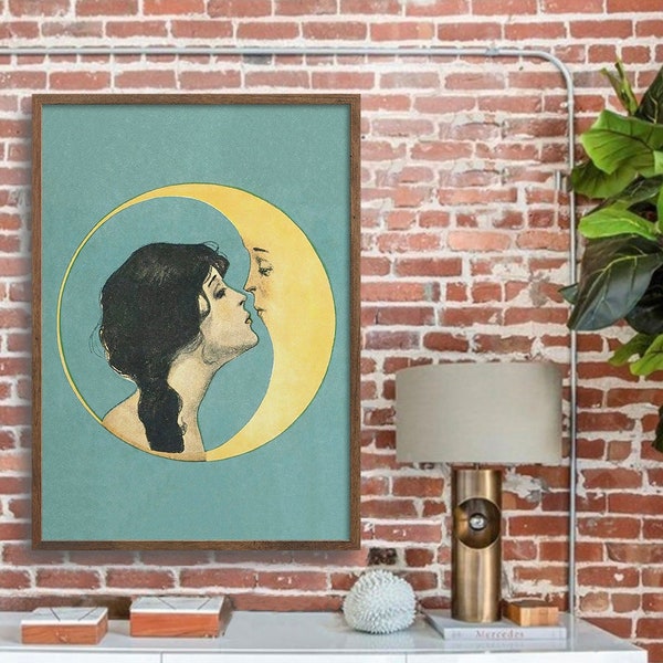 Femme embrassant la lune, baiser de lune, art mural lune, art mural vintage, art victorien lunatique, décoration murale antique, téléchargement, art imprimable #189