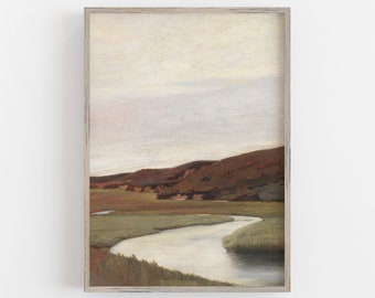 Affiche vintage représentant un paysage de rivière : Décoration murale champêtre nature (Téléchargement numérique)