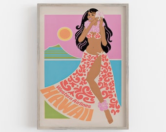 Op de afbeelding: Een vintage reisposter met een vrouw in een bloemenjurk en lei, staand op een strand met een roze lucht en de tekst "Western Airlines Hawaii".