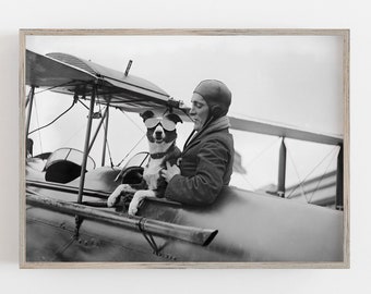 Woman Pilot and Dog Art Print: Funny Vintage Aviation (Digital Download)