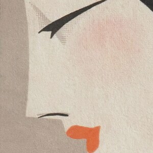 May include: Close-up of a vintage illustration featuring a woman's profile. The image showcases a pale complexion with a blush of pink on the cheek, black eyebrow and eyeliner, and bright orange lips. The background is a soft, neutral tone.