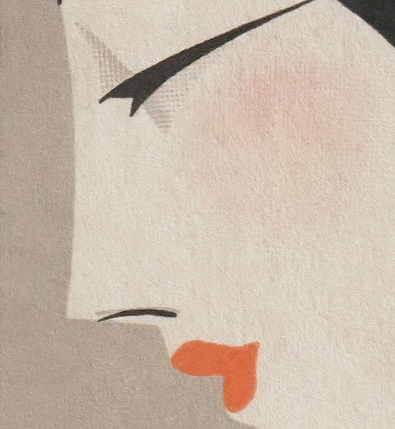May include: Close-up of a vintage illustration featuring a woman's profile. The image showcases a pale complexion with a blush of pink on the cheek, black eyebrow and eyeliner, and bright orange lips. The background is a soft, neutral tone.