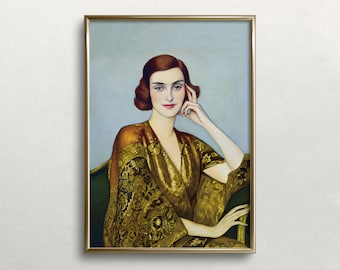 Vintage Woman Portrait: Gold Kimono, Neutral Colors (Digital Download)